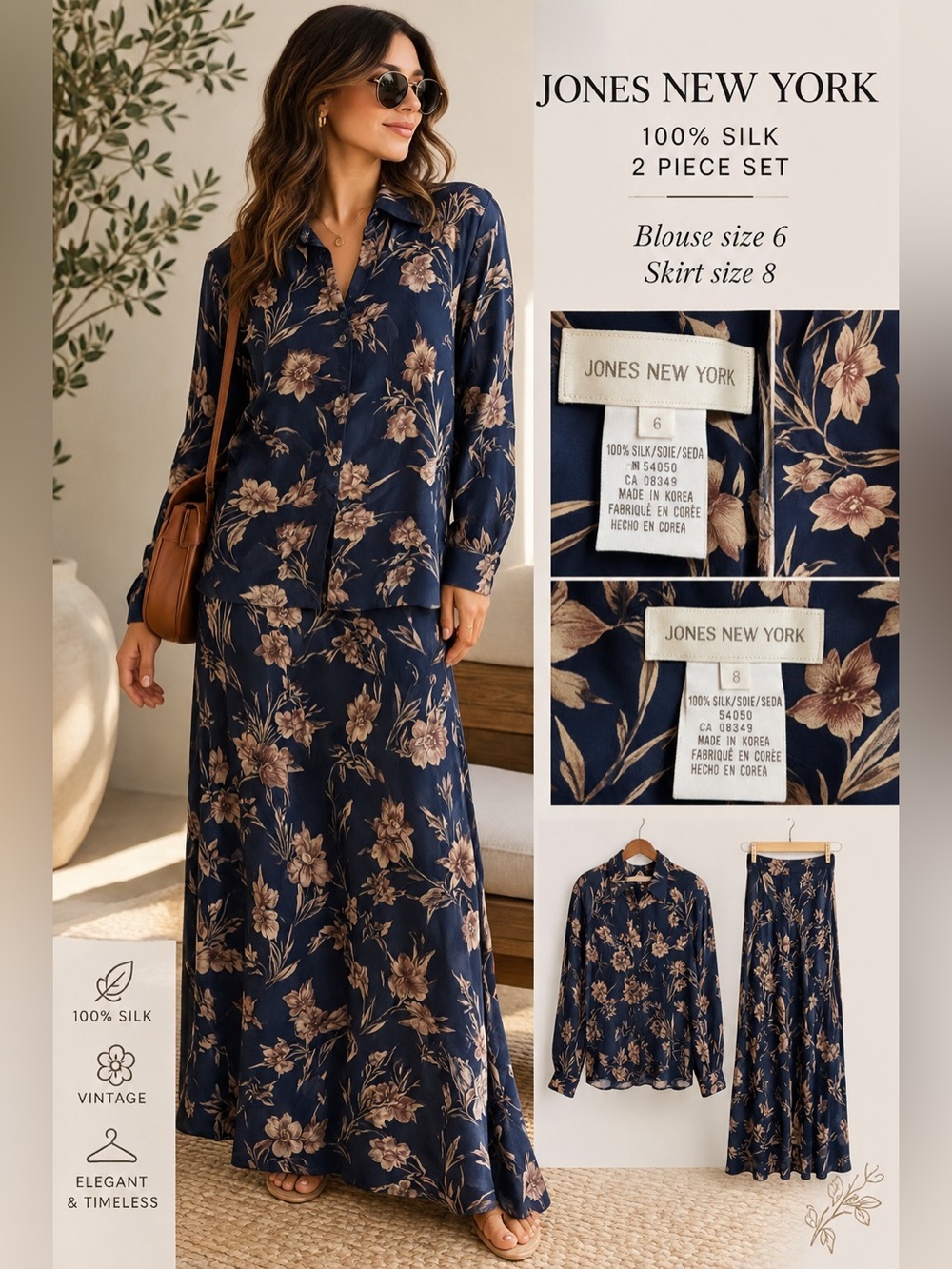 Vintage Jones New York 100% Silk Floral 2 Piece Set Blouse 6 Skirt 8